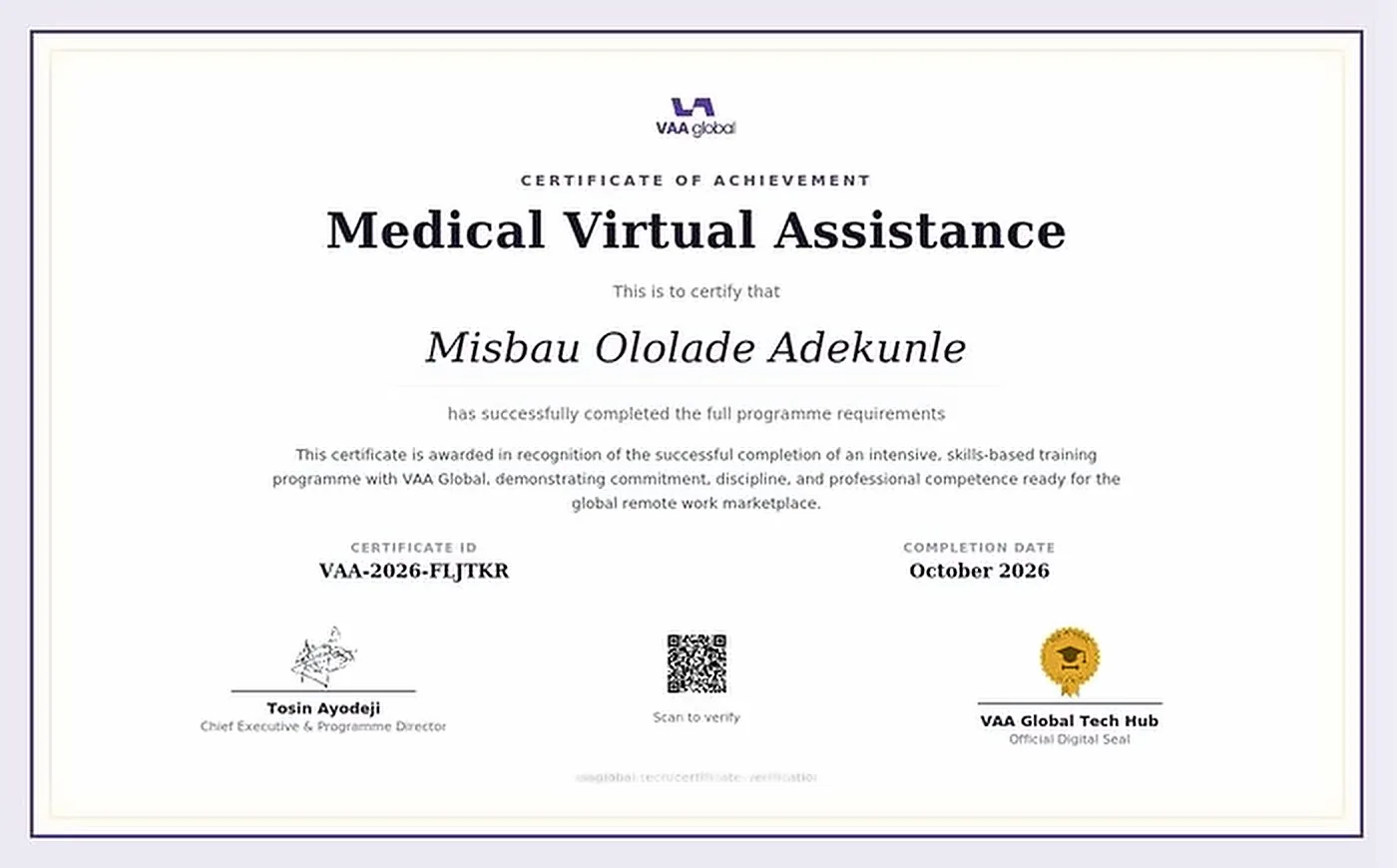 Sample VAA Global certificate of achievement